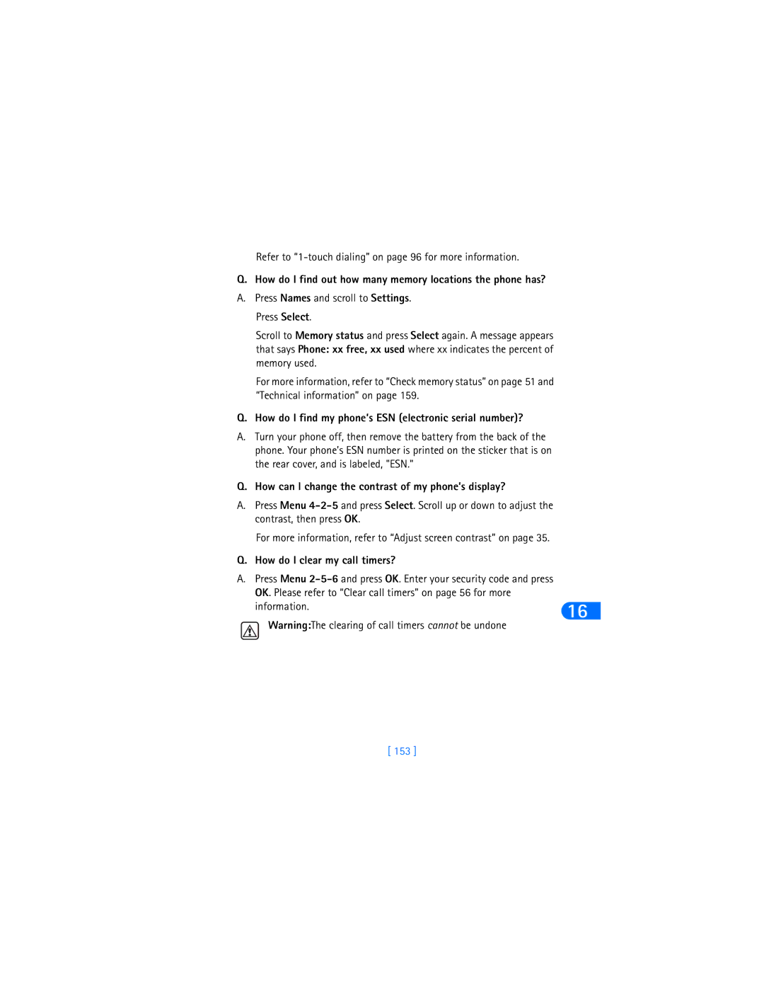 Nokia 6370 warranty How do I find out how many memory locations the phone has?, How do I clear my call timers?, 153 
