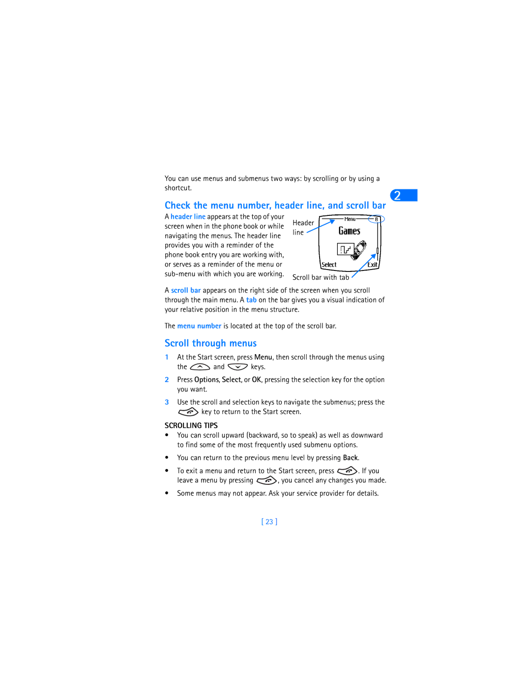 Nokia 6370 warranty Scroll through menus, Key to return to the Start screen, Scrolling Tips, Header line 