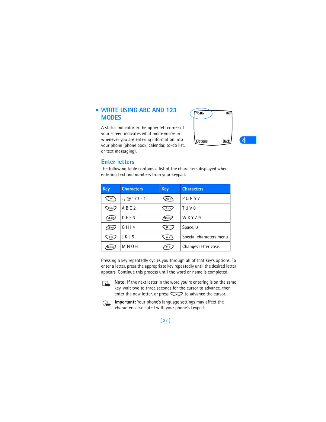 Nokia 6370 warranty Write Using ABC Modes, Enter letters, Key Characters 