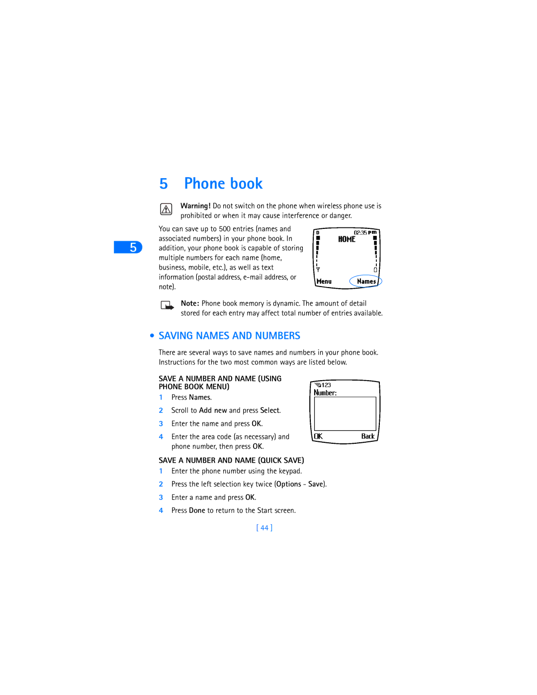 Nokia 6370 warranty Phone book, Saving Names and Numbers, Save a Number and Name Using Phone Book Menu 