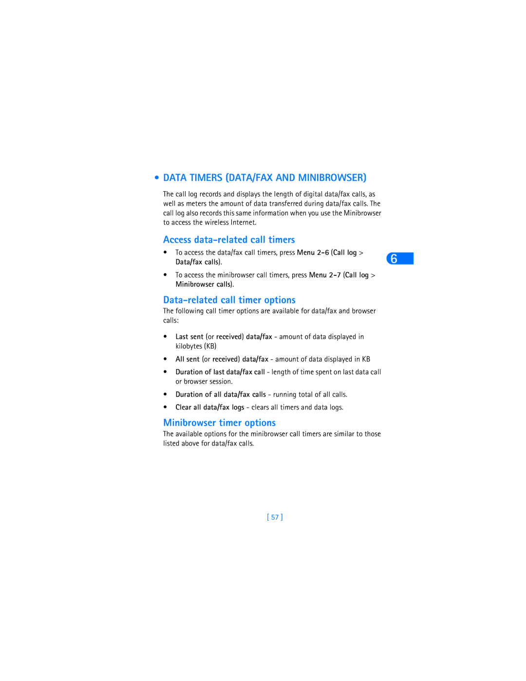Nokia 6370 warranty Data Timers DATA/FAX and Minibrowser, Access data-related call timers, Data-related call timer options 
