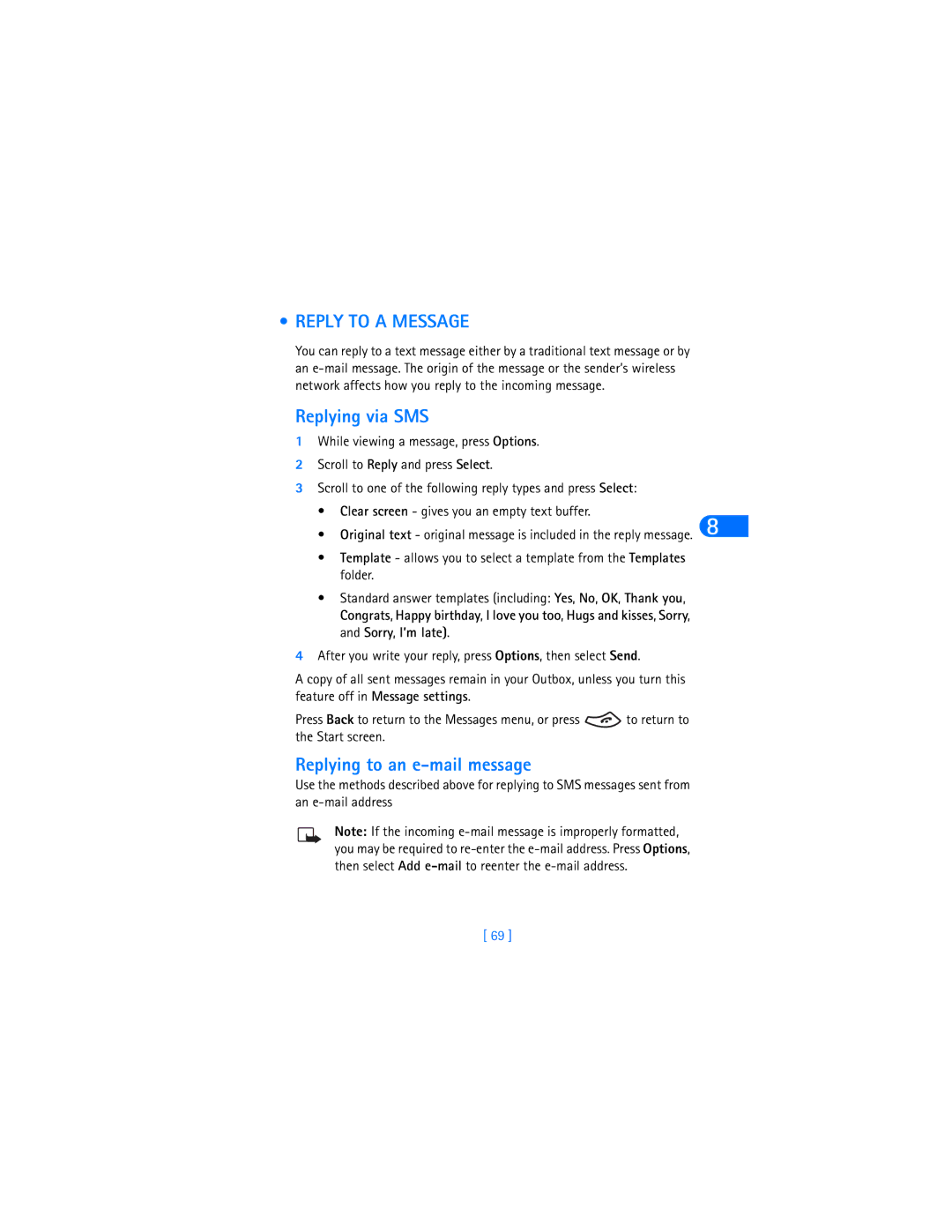 Nokia 6370 warranty Reply to a Message, Replying via SMS, Replying to an e-mail message 