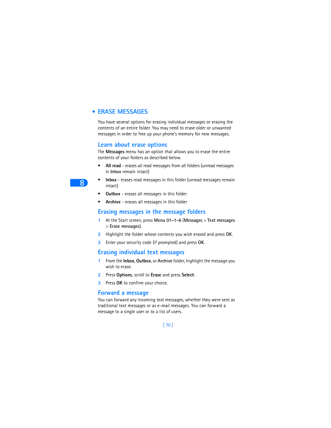 Nokia 6370 warranty Erase Messages, Learn about erase options, Erasing messages in the message folders, Forward a message 