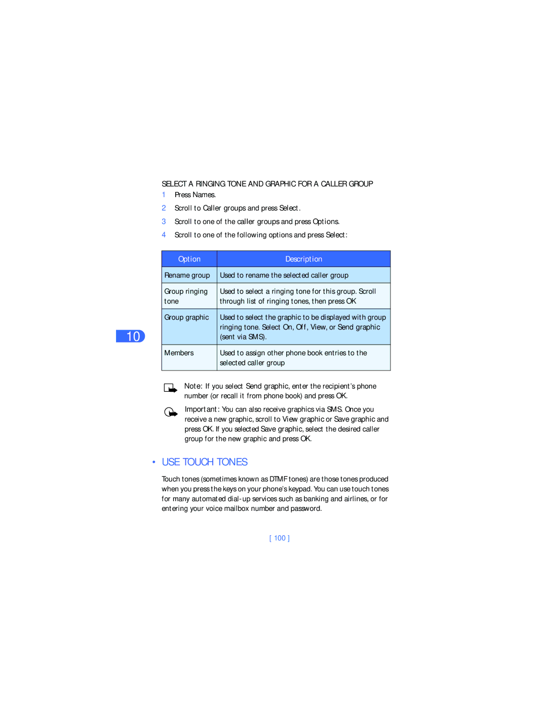 Nokia 6385 manual USE Touch Tones, Select a Ringing Tone and Graphic for a Caller Group, 100 