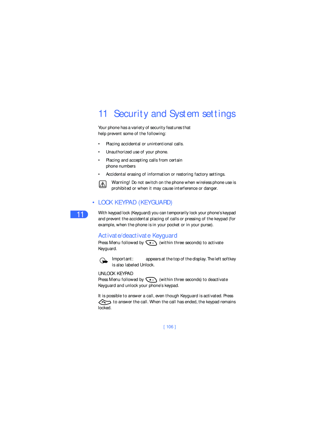Nokia 6385 manual Security and System settings, Activate/deactivate Keyguard, Unlock Keypad, 106 