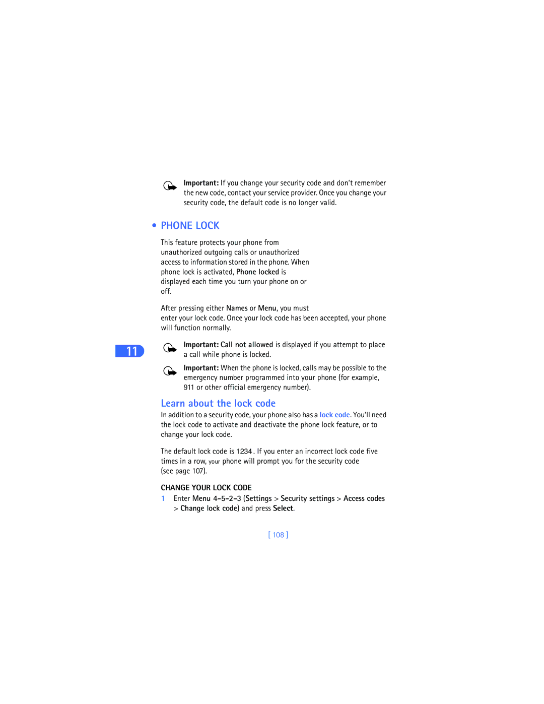 Nokia 6385 manual Phone Lock, Learn about the lock code, Call while phone is locked, Change Your Lock Code, 108 