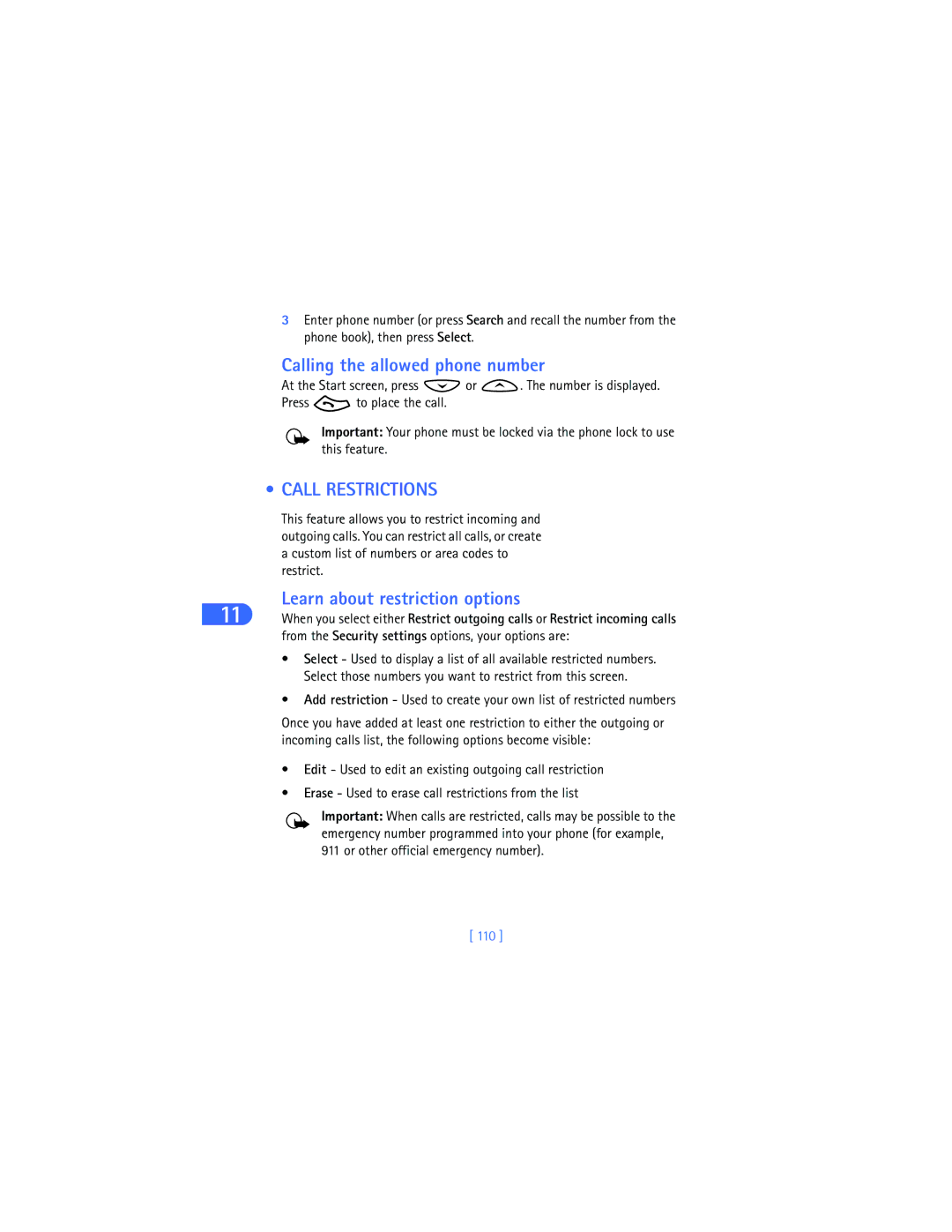 Nokia 6385 manual Calling the allowed phone number, Call Restrictions, Learn about restriction options, 110 