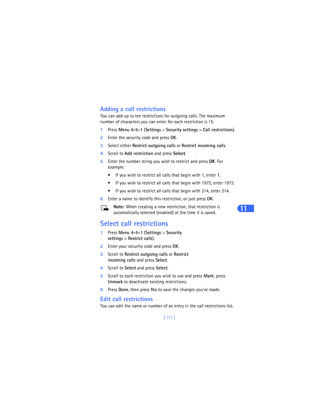 Nokia 6385 Adding a call restrictions, Edit call restrictions, Press Menu 4-5-1 Settings Security settings Restrict calls 