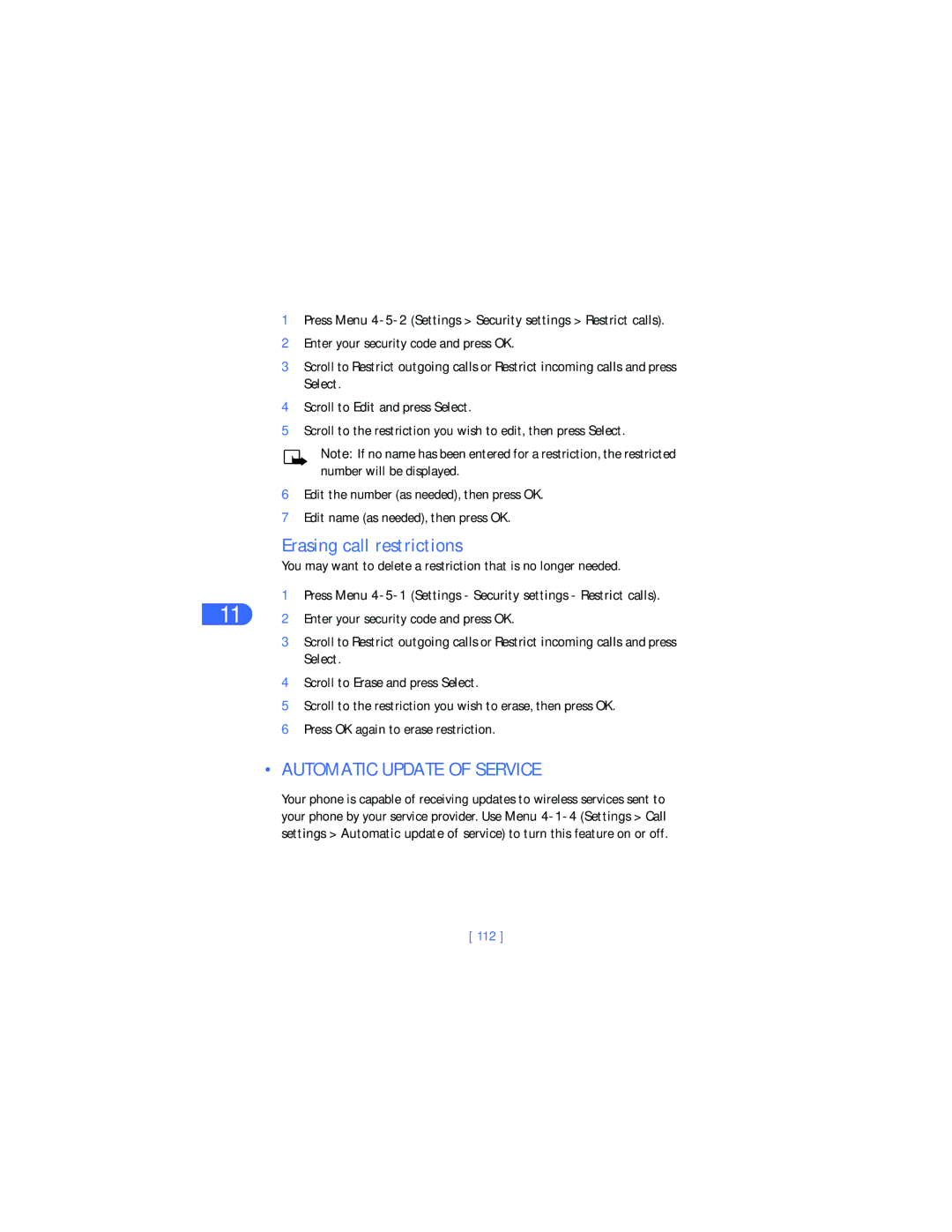 Nokia 6385 manual Erasing call restrictions, Automatic Update of Service, 112 