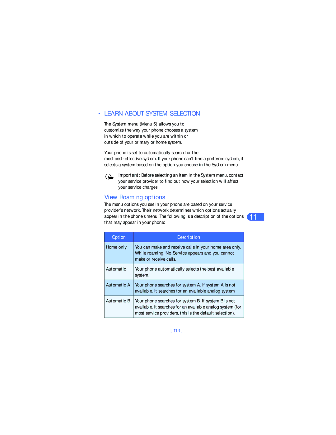 Nokia 6385 manual Learn about System Selection, View Roaming options, 113 