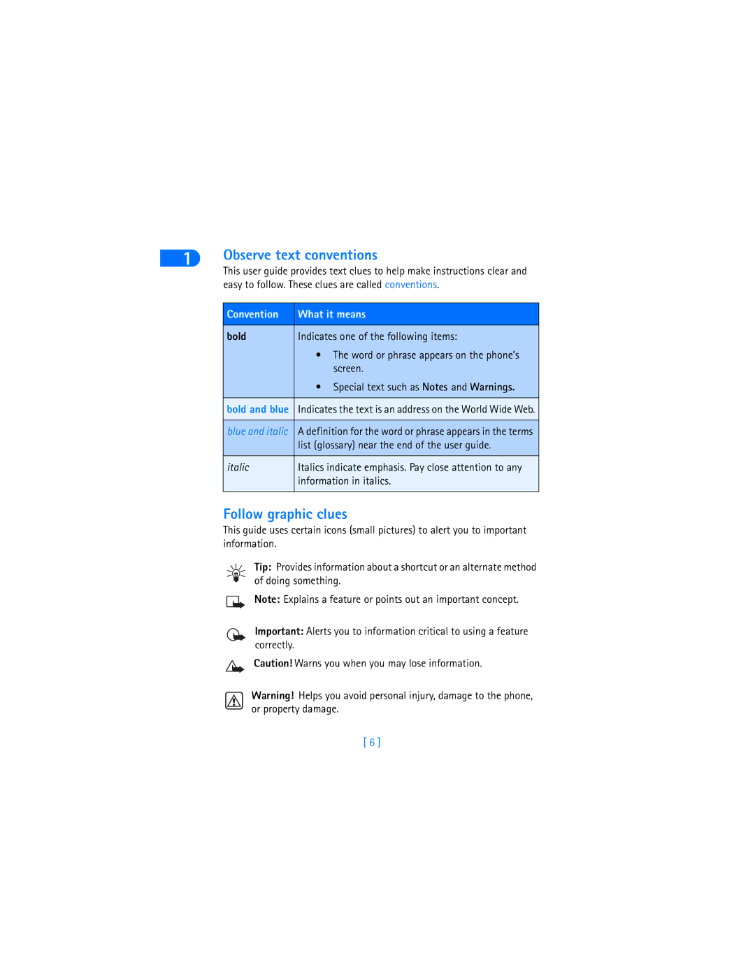 Nokia 6385 manual Follow graphic clues, Convention What it means, Bold 