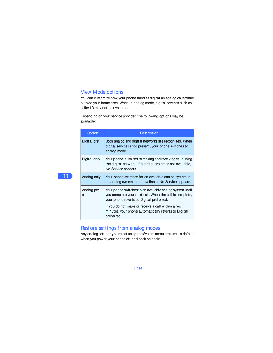 Nokia 6385 manual View Mode options, Restore settings from analog modes, No Service appears, Preferred, 114 