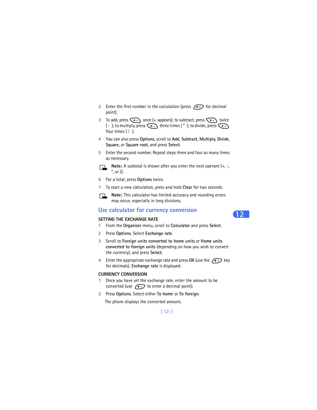 Nokia 6385 manual Use calculator for currency conversion, Setting the Exchange Rate, Currency Conversion, 121 