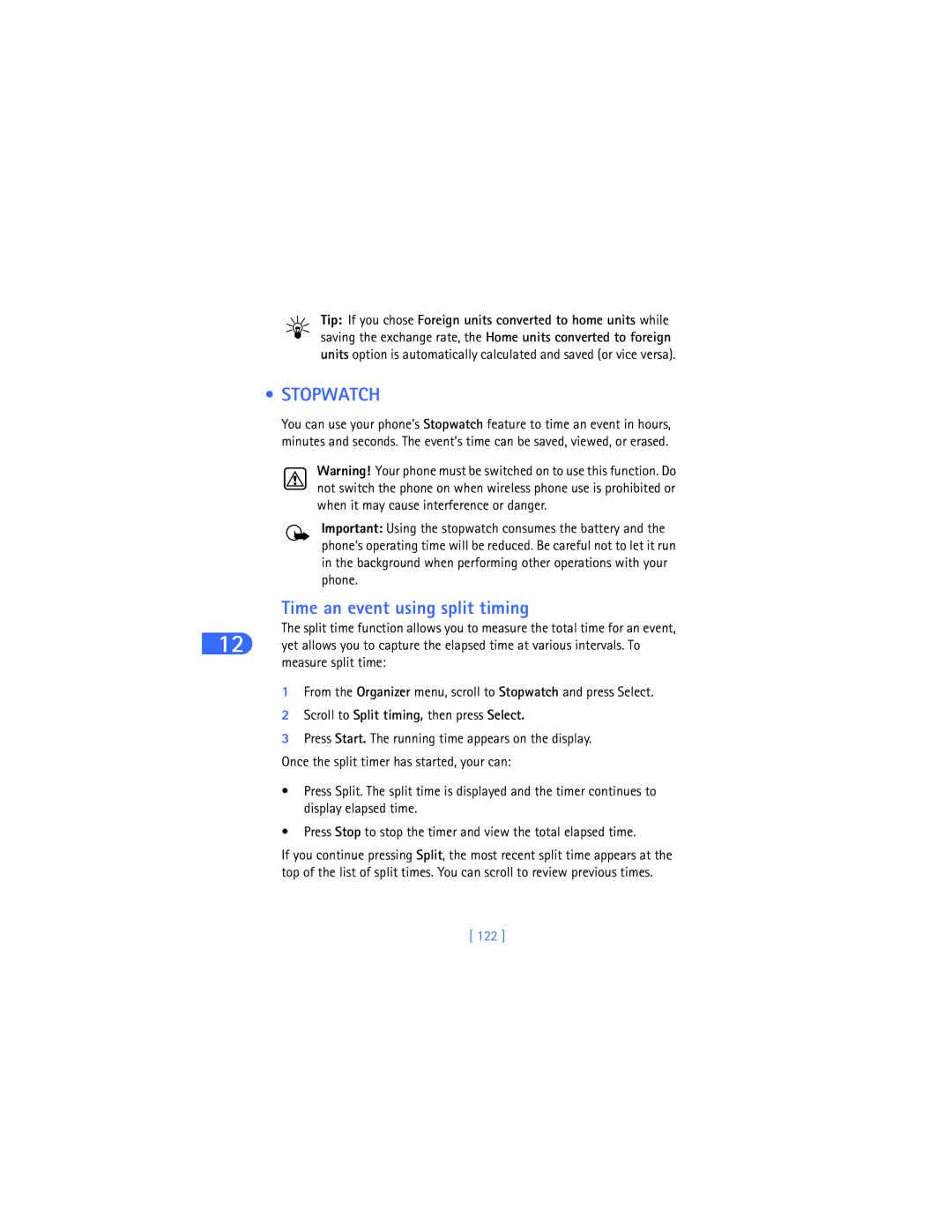 Nokia 6385 manual Stopwatch, Time an event using split timing, 122 