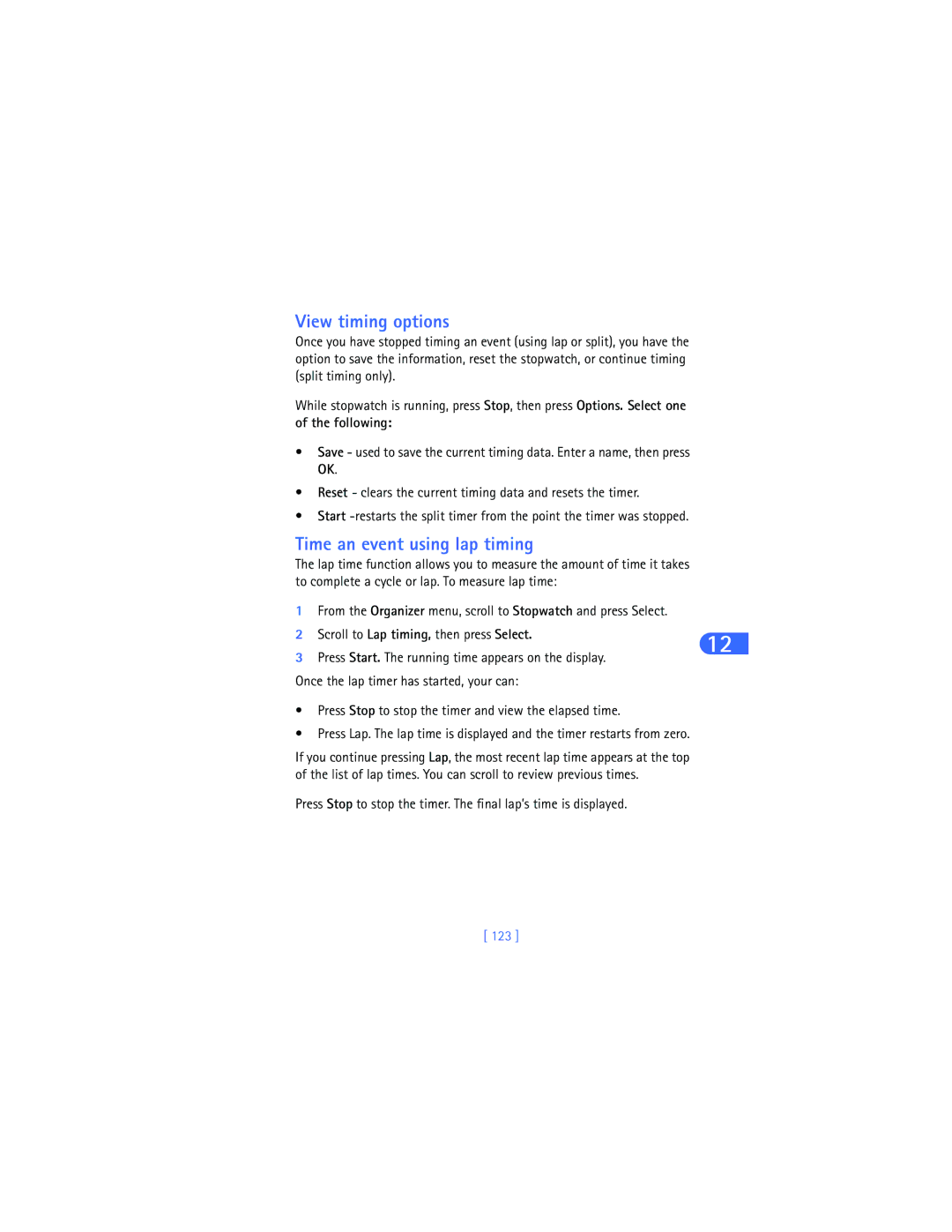 Nokia 6385 manual View timing options, Time an event using lap timing, Following, 123 