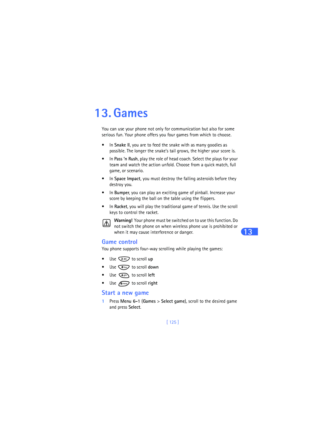 Nokia 6385 manual Game control, Start a new game, When it may cause interference or danger, 125 