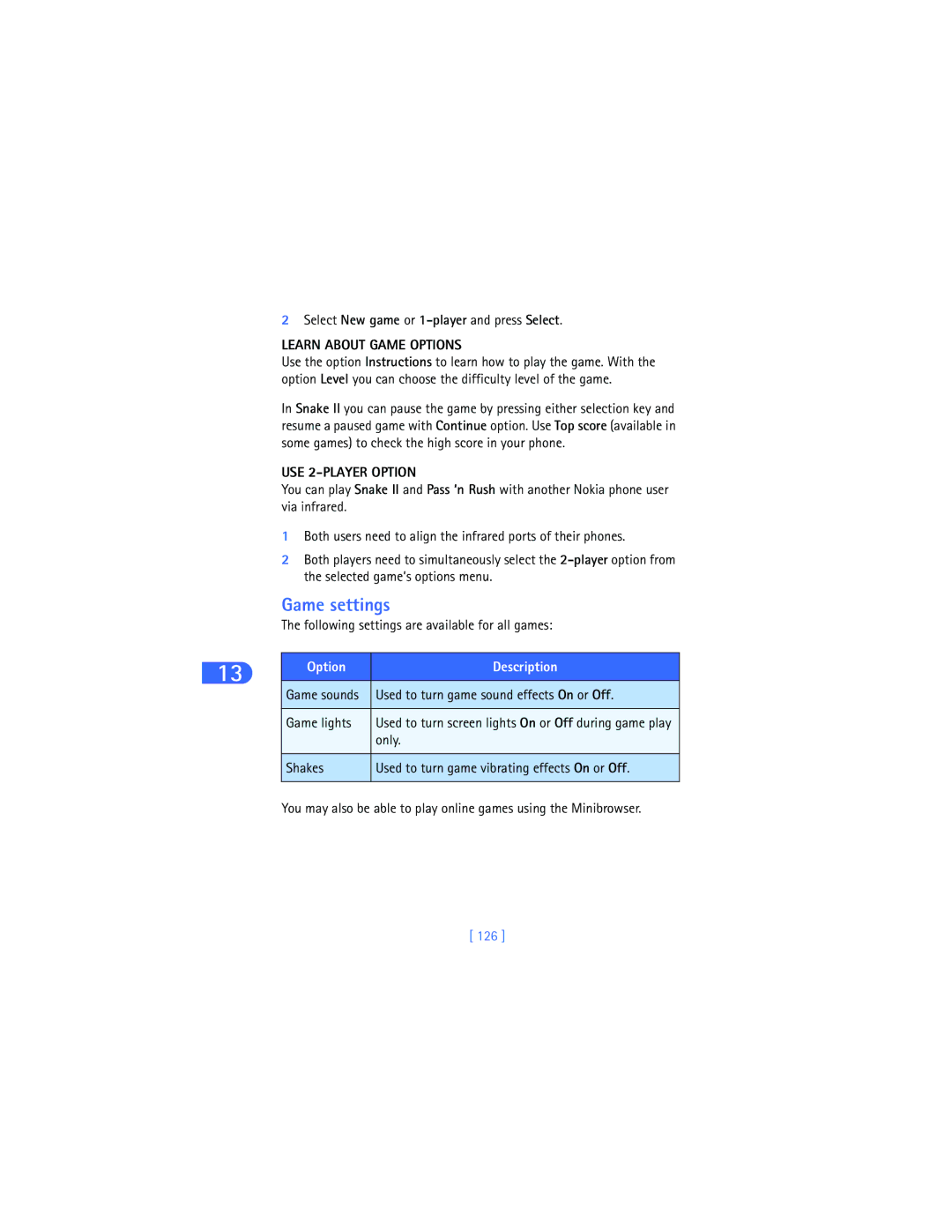 Nokia 6385 Game settings, Select New game or 1-player and press Select, Learn about Game Options, USE 2-PLAYER Option, 126 