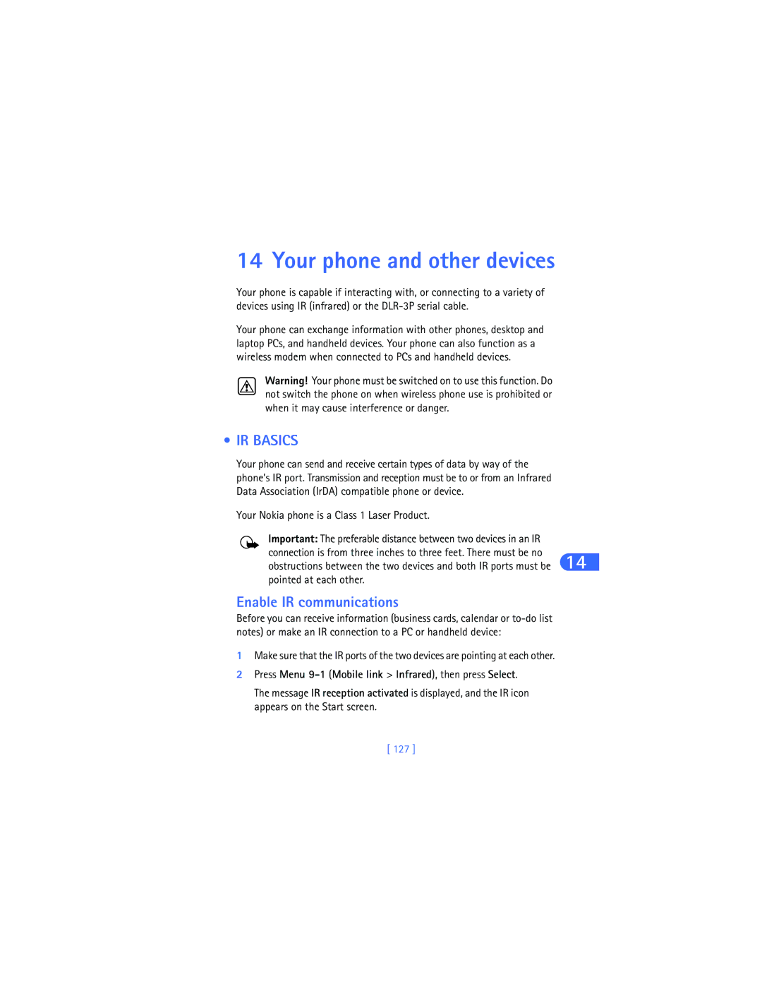 Nokia 6385 manual IR Basics, Enable IR communications, Press Menu 9-1 Mobile link Infrared, then press Select, 127 