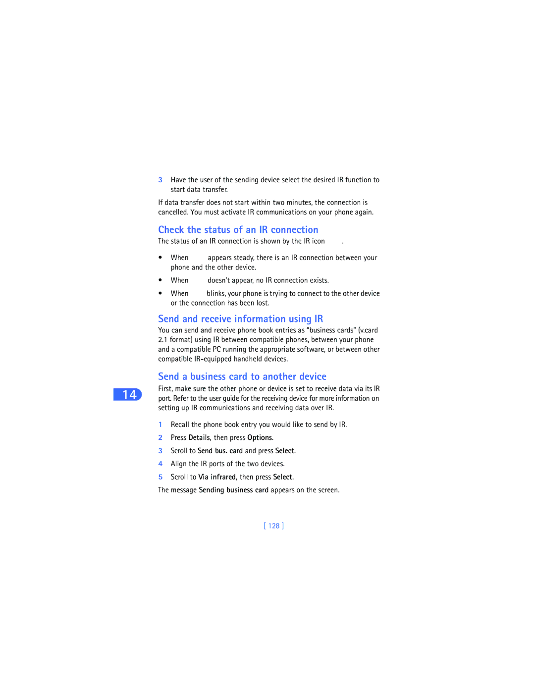 Nokia 6385 manual Check the status of an IR connection, Send and receive information using IR, 128 