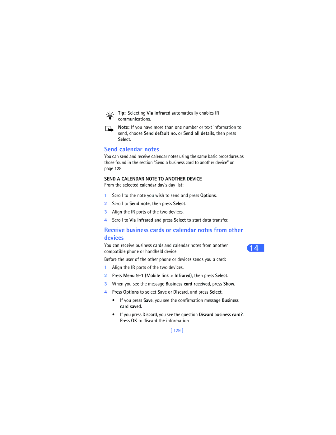 Nokia 6385 manual Send calendar notes, Receive business cards or calendar notes from other devices, 129 