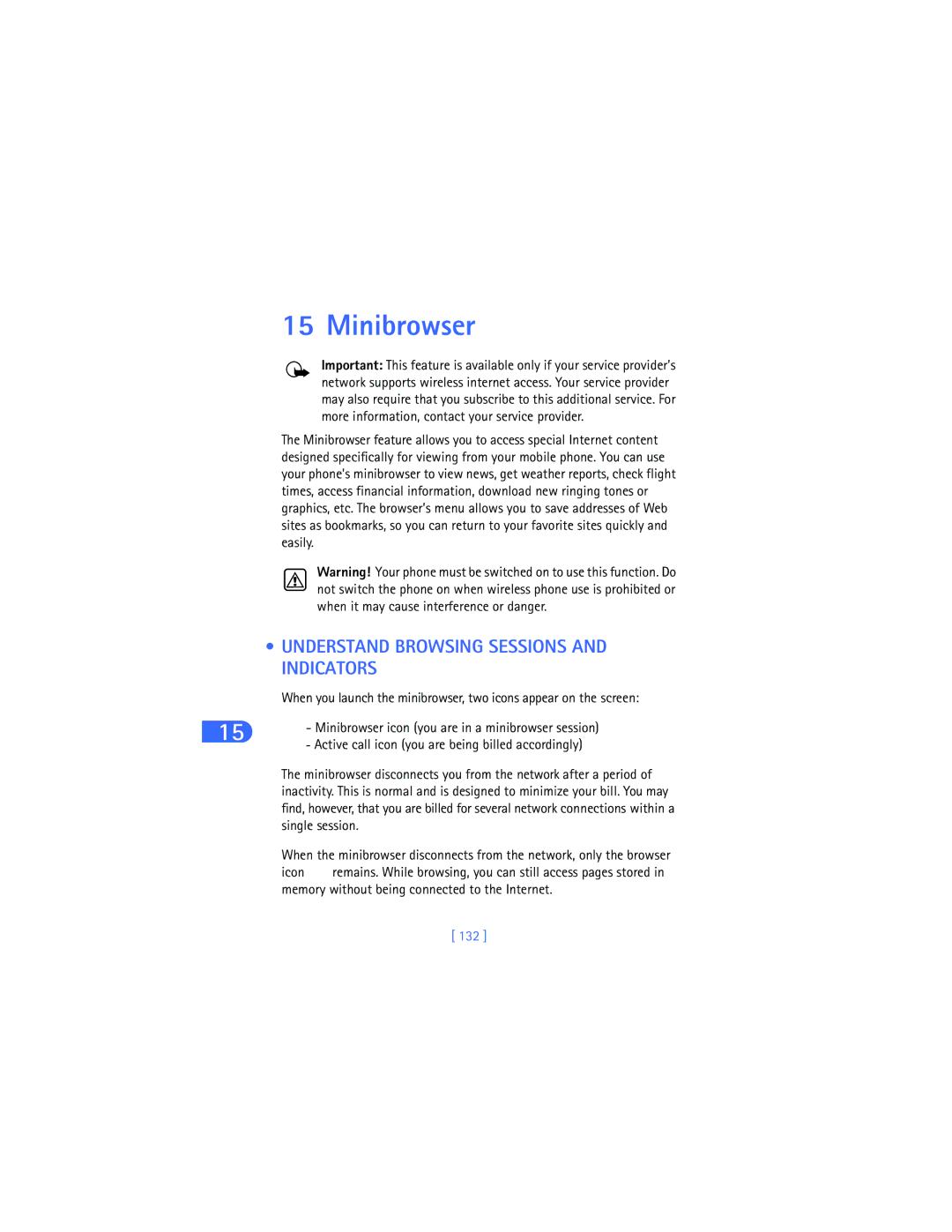 Nokia 6385 manual Minibrowser, Understand Browsing Sessions and Indicators, 132 