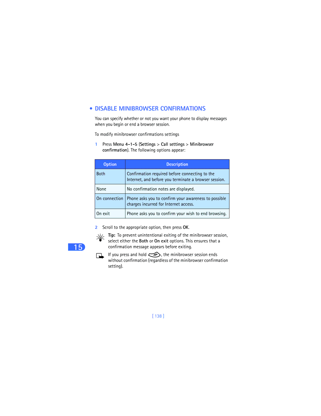 Nokia 6385 manual Disable Minibrowser Confirmations, 138 