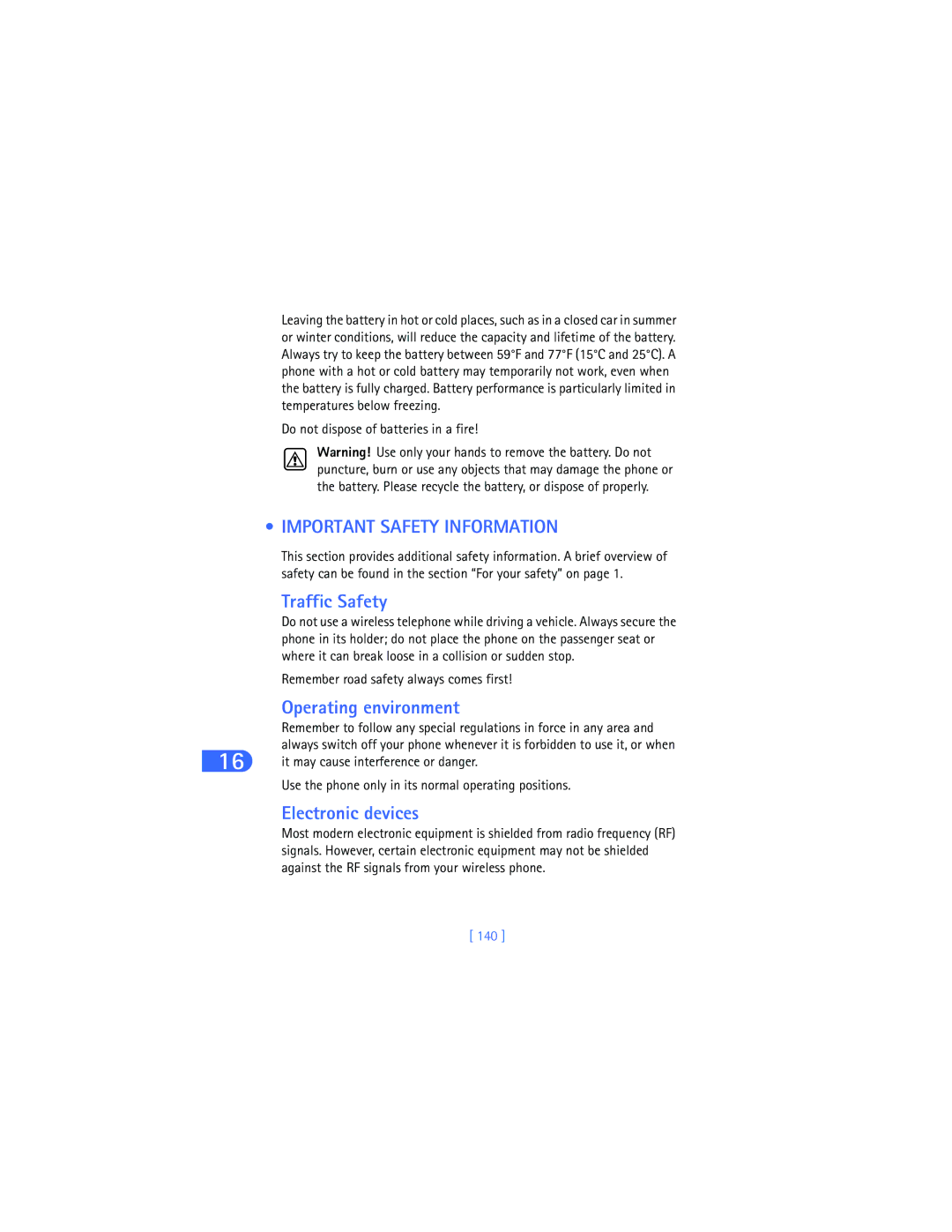 Nokia 6385 manual Important Safety Information, Traffic Safety, Operating environment, Electronic devices, 140 