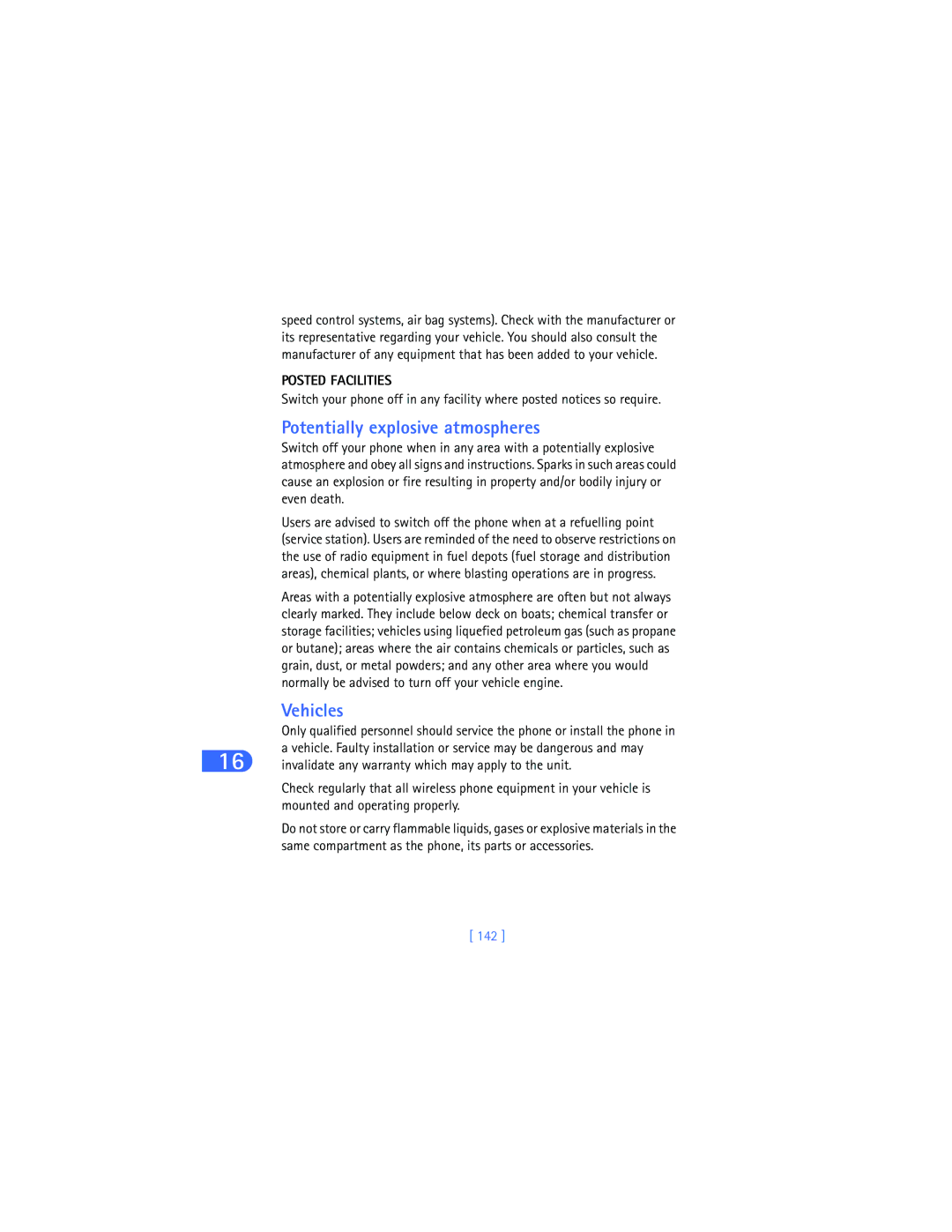 Nokia 6385 manual Potentially explosive atmospheres, Posted Facilities, 142 