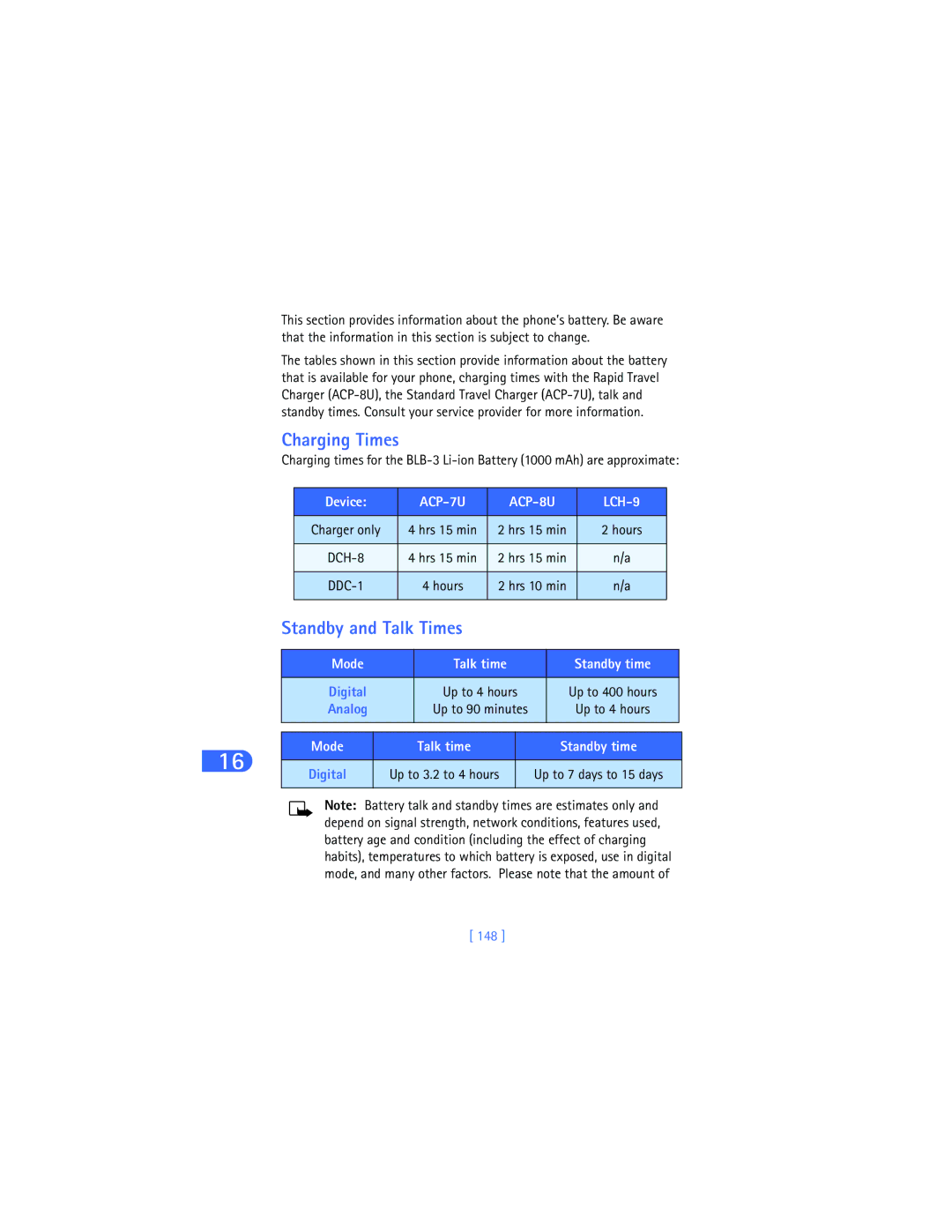 Nokia 6385 manual Charging Times, Standby and Talk Times, Device, LCH-9, Mode Talk time Standby time 