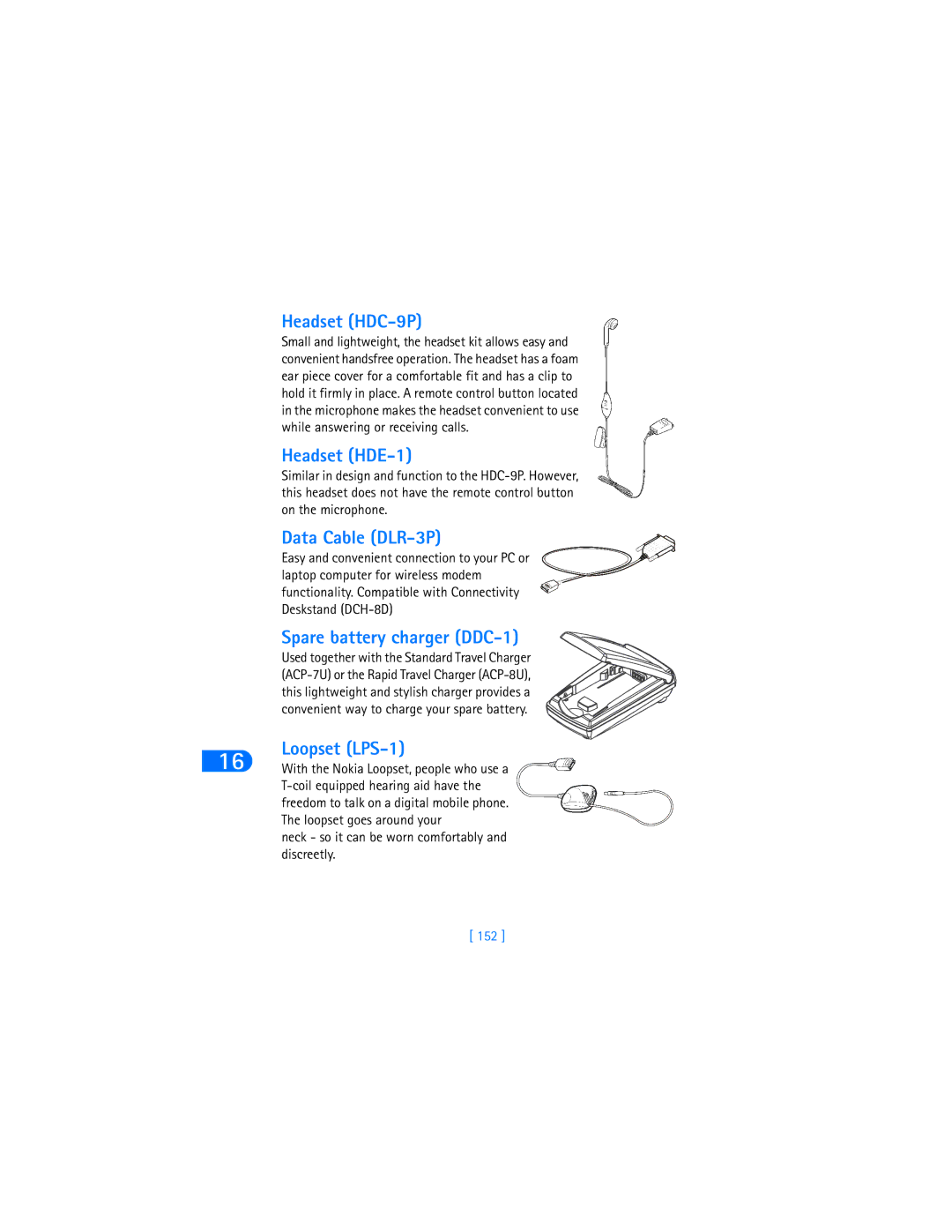 Nokia 6385 manual Headset HDC-9P, Headset HDE-1, Data Cable DLR-3P, Spare battery charger DDC-1, Loopset LPS-1 