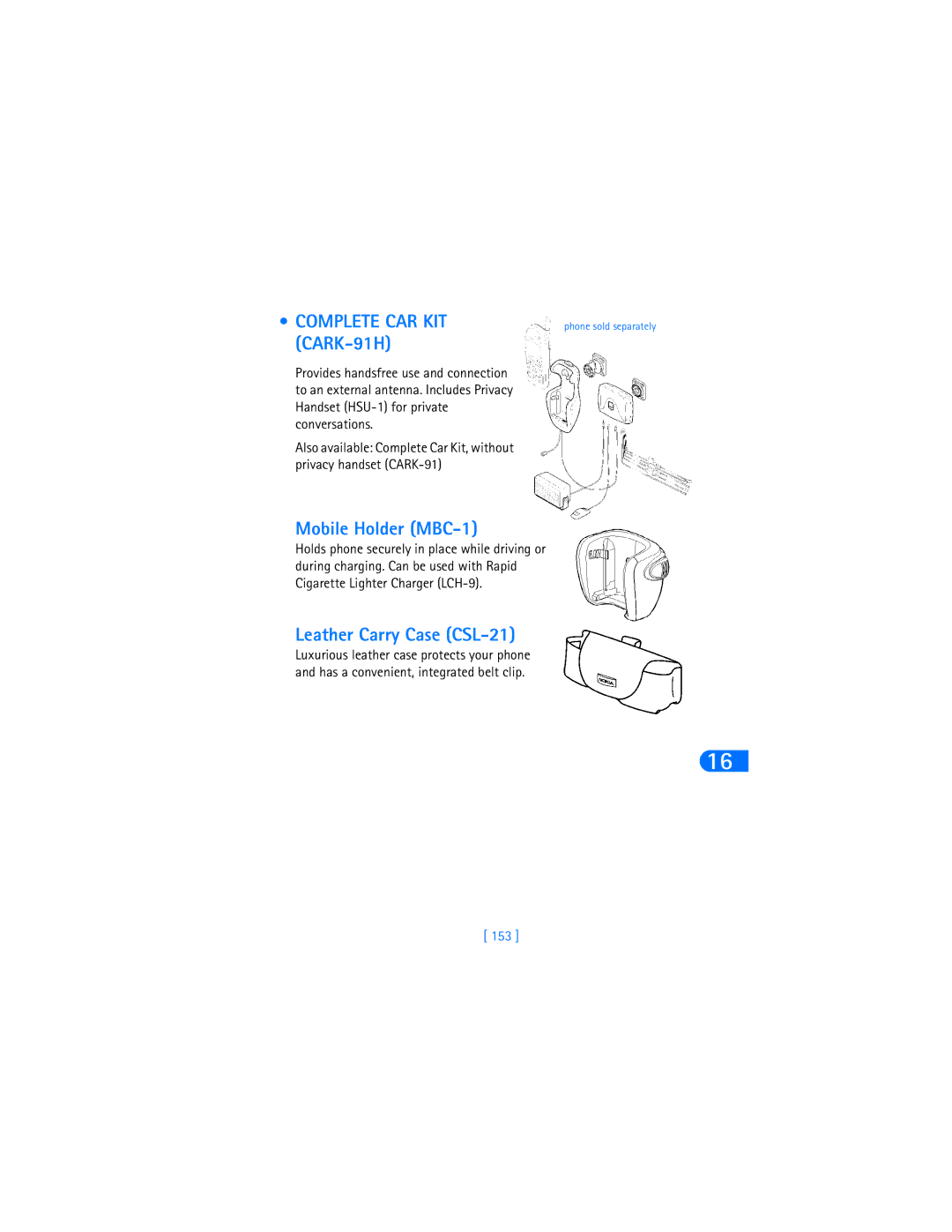 Nokia 6385 manual Complete CAR KIT CARK-91H, Mobile Holder MBC-1, Leather Carry Case CSL-21, 153 