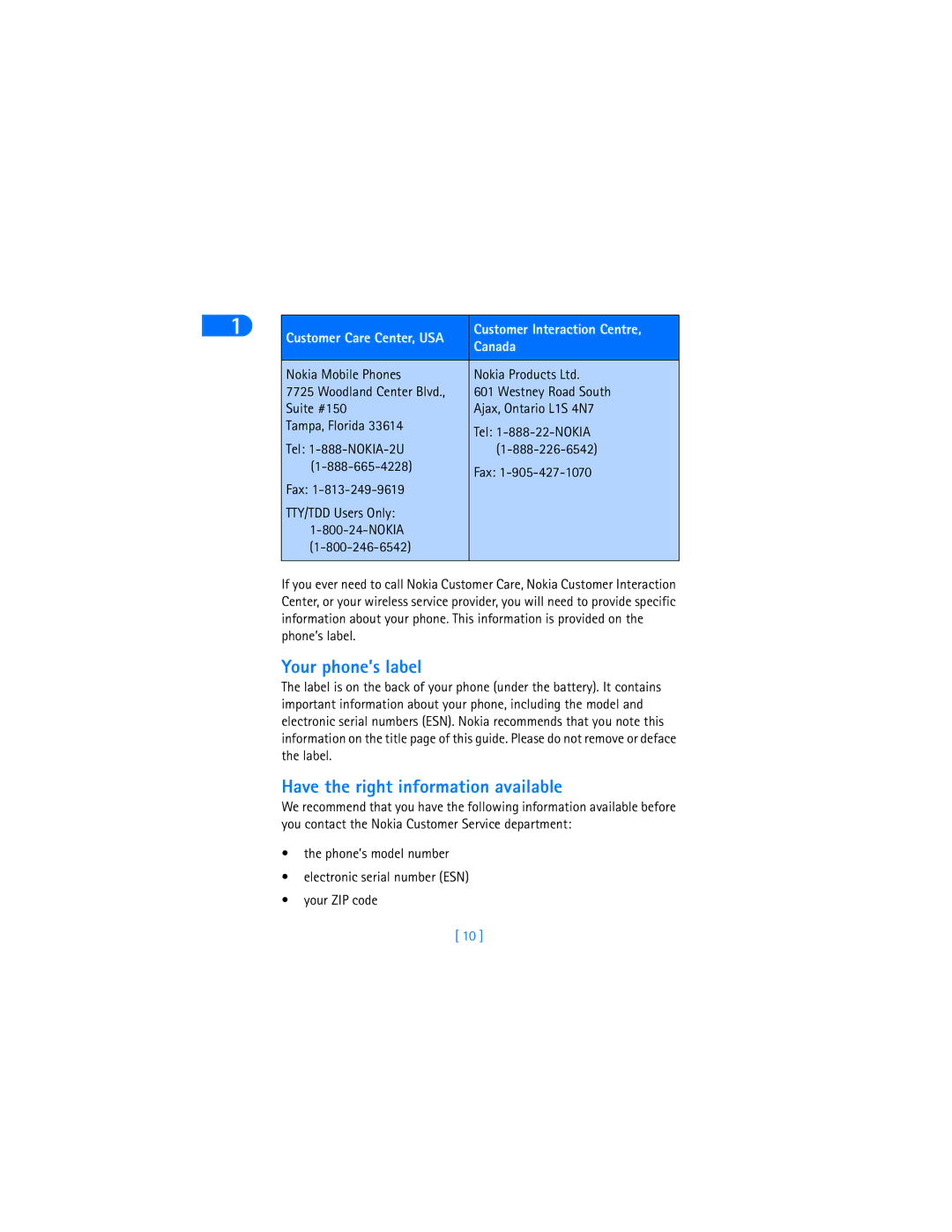 Nokia 6385 manual Your phone’s label, Have the right information available, Nokia Mobile Phones, Westney Road South 