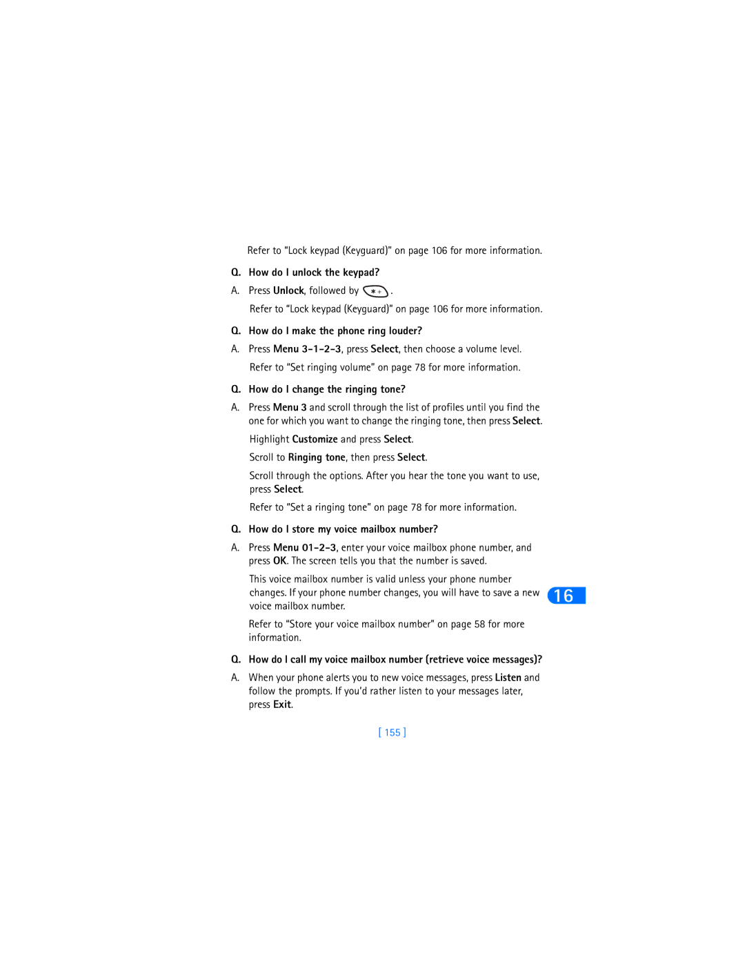 Nokia 6385 manual How do I unlock the keypad?, How do I make the phone ring louder?, How do I change the ringing tone?, 155 