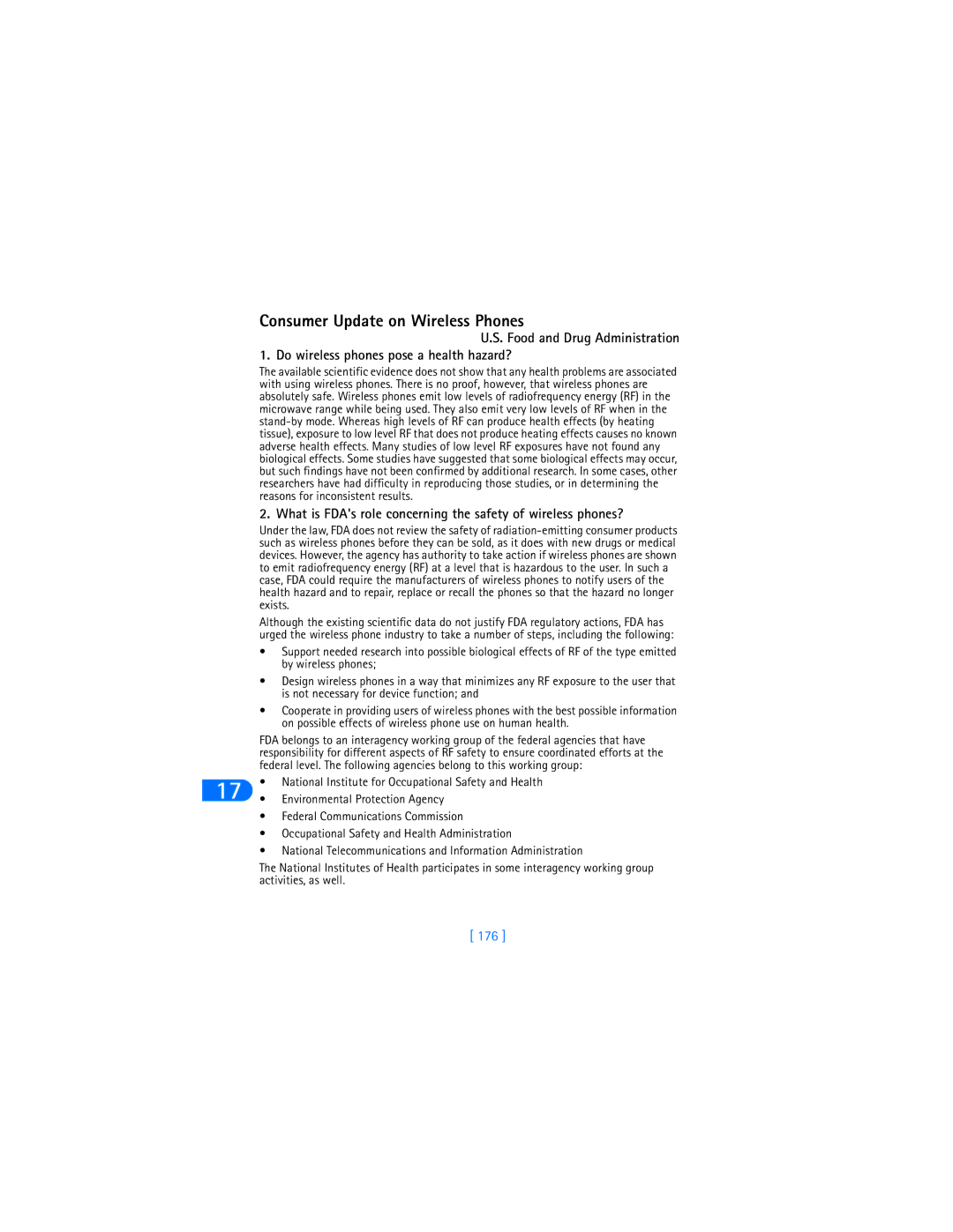 Nokia 6385 manual What is FDAs role concerning the safety of wireless phones?, 176 