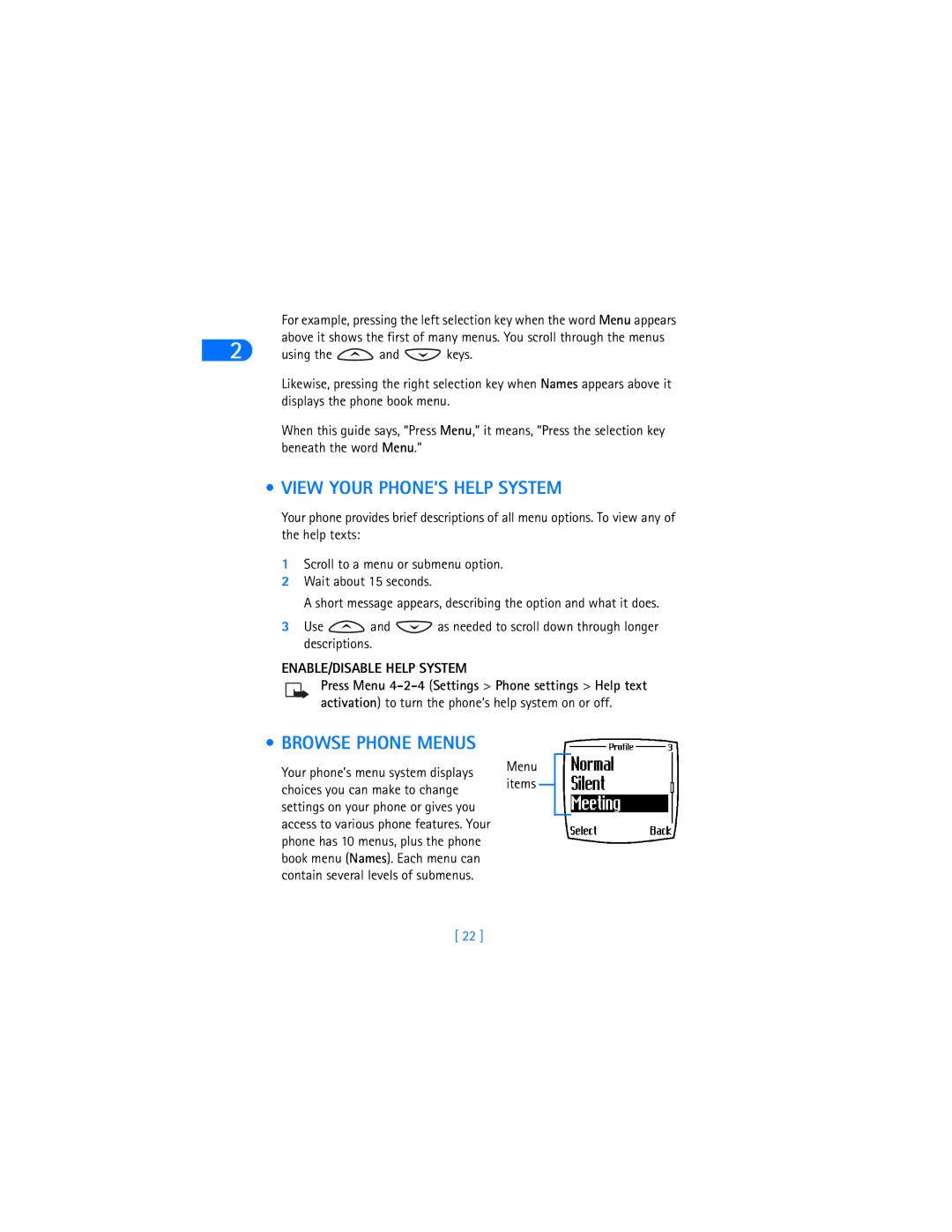 Nokia 6385 manual View Your PHONE’S Help System, Browse Phone Menus, ENABLE/DISABLE Help System, Menu items 