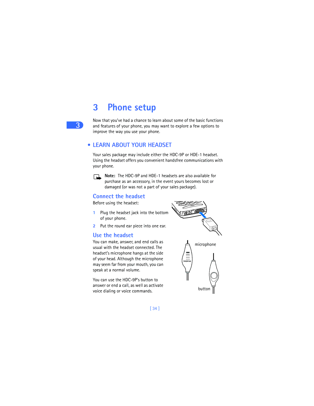 Nokia 6385 manual Phone setup, Learn about Your Headset, Connect the headset, Use the headset, Microphone Button 