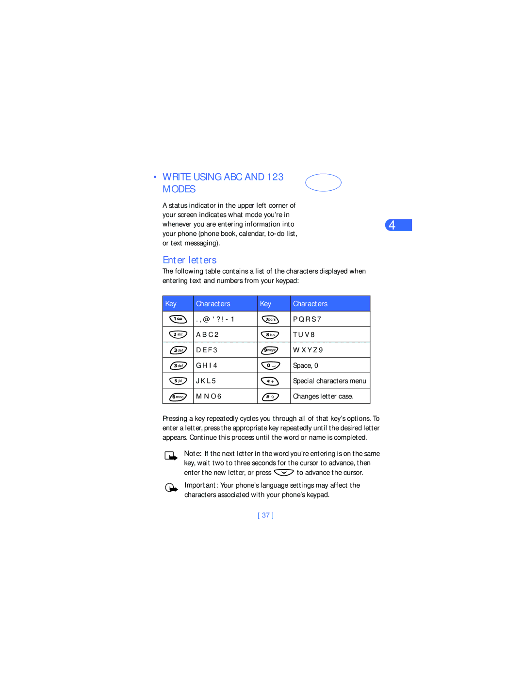 Nokia 6385 manual Write Using ABC and 123 Modes, Enter letters, Key Characters 