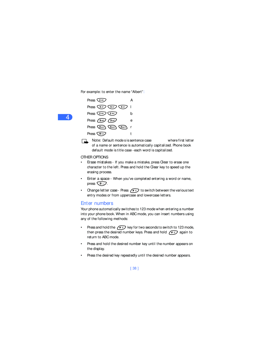 Nokia 6385 manual Enter numbers, For example to enter the name Albert Press, Other Options 