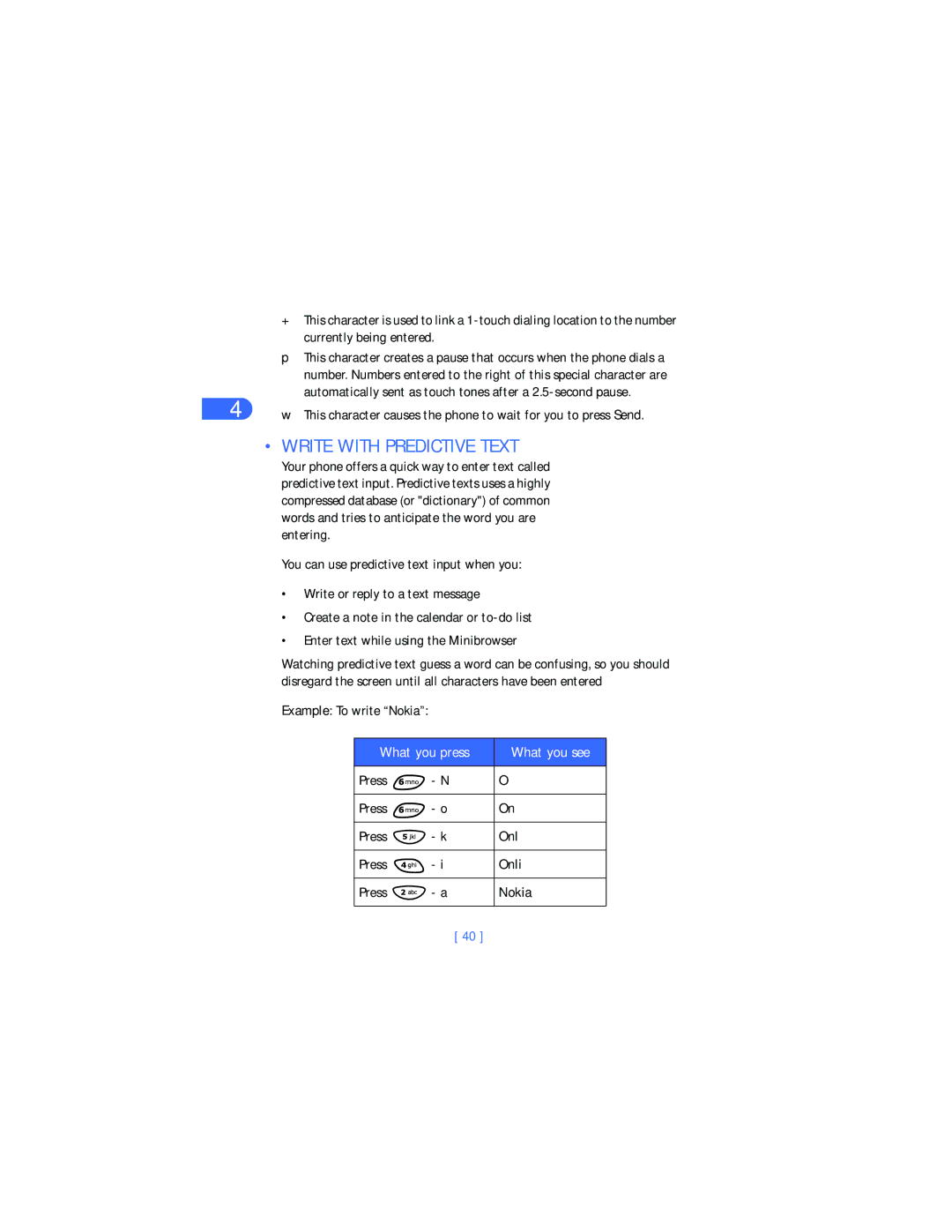 Nokia 6385 manual Write with Predictive Text, What you press, Onli, Nokia 