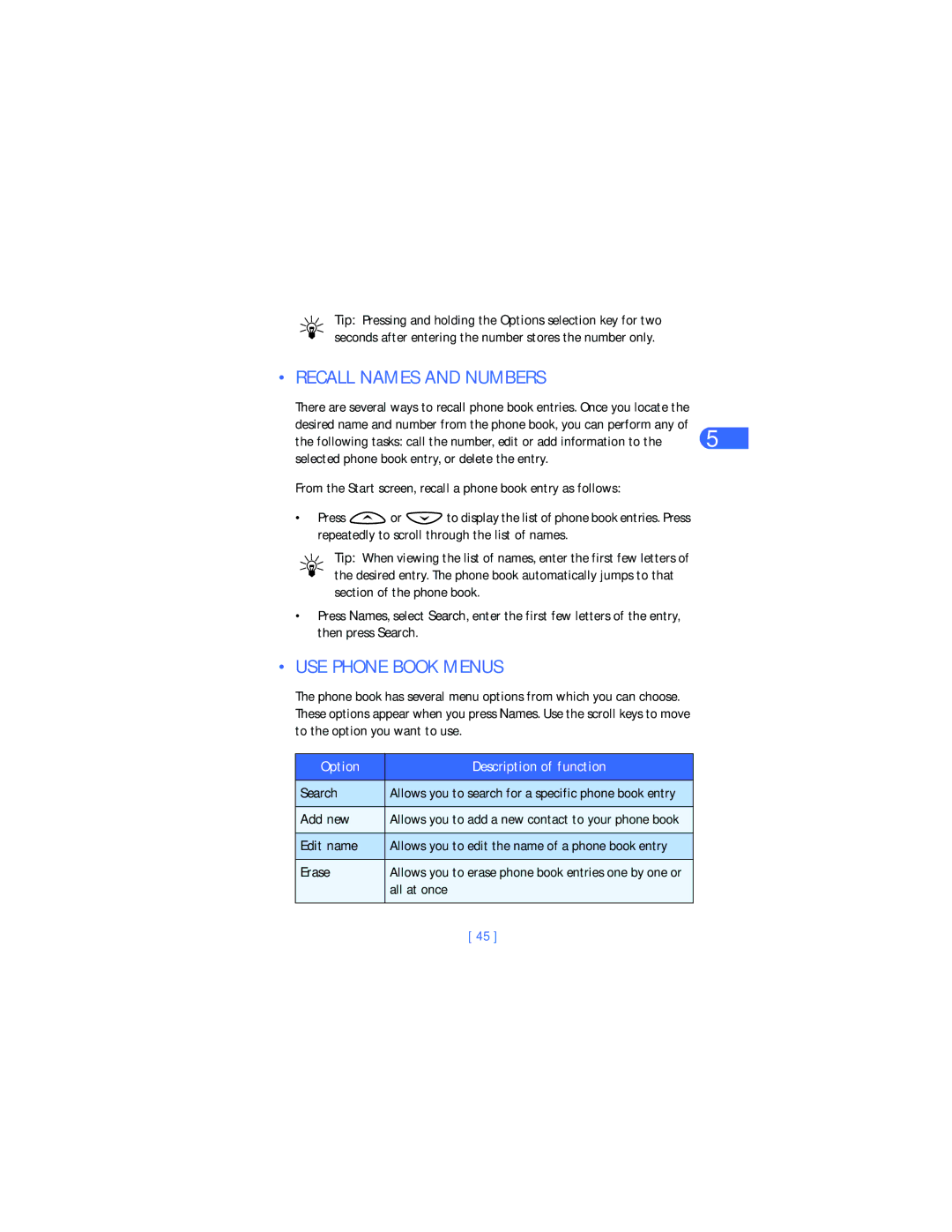 Nokia 6385 manual Recall Names and Numbers, USE Phone Book Menus, Option Description of function 