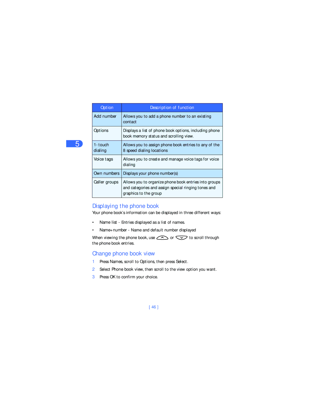 Nokia 6385 manual Displaying the phone book, Change phone book view 