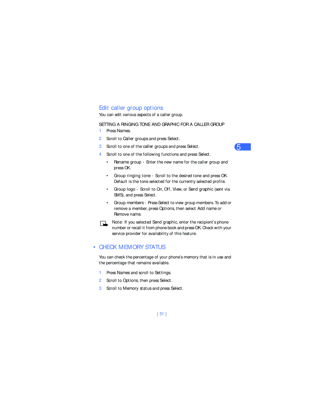 Nokia 6385 manual Edit caller group options, Check Memory Status, You can edit various aspects of a caller group 