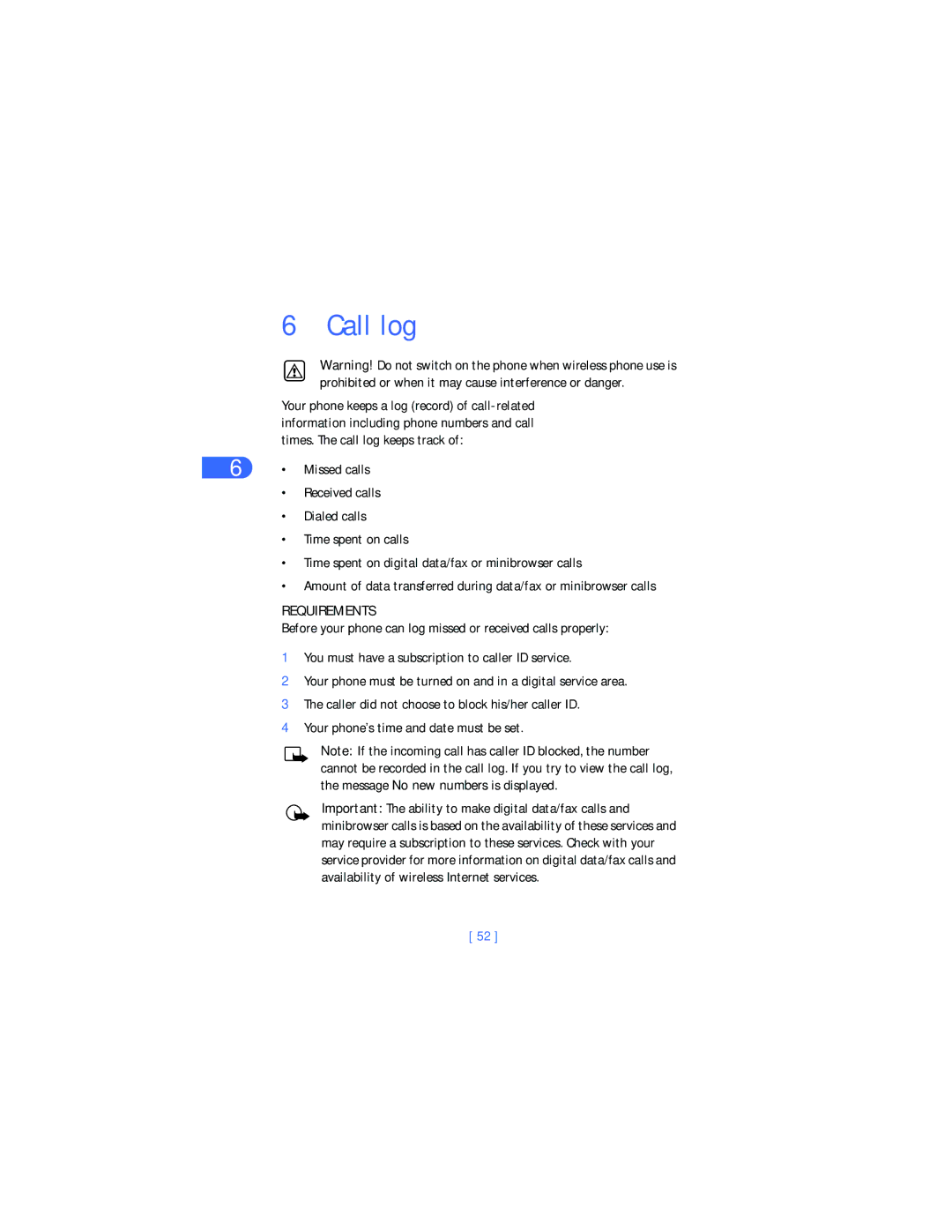 Nokia 6385 manual Call log, Requirements 