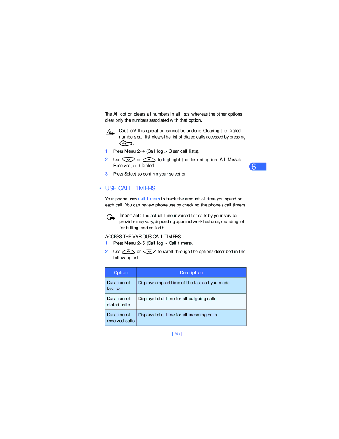Nokia 6385 manual USE Call Timers, Press Menu 2-4 Call log Clear call lists, Received , and Dialed 