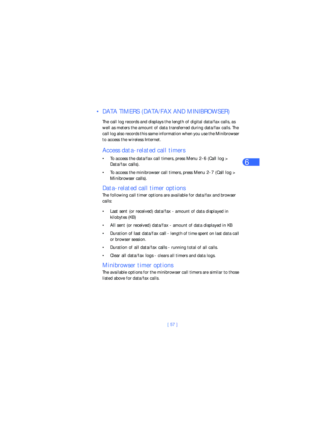 Nokia 6385 manual Data Timers DATA/FAX and Minibrowser, Access data-related call timers, Data-related call timer options 