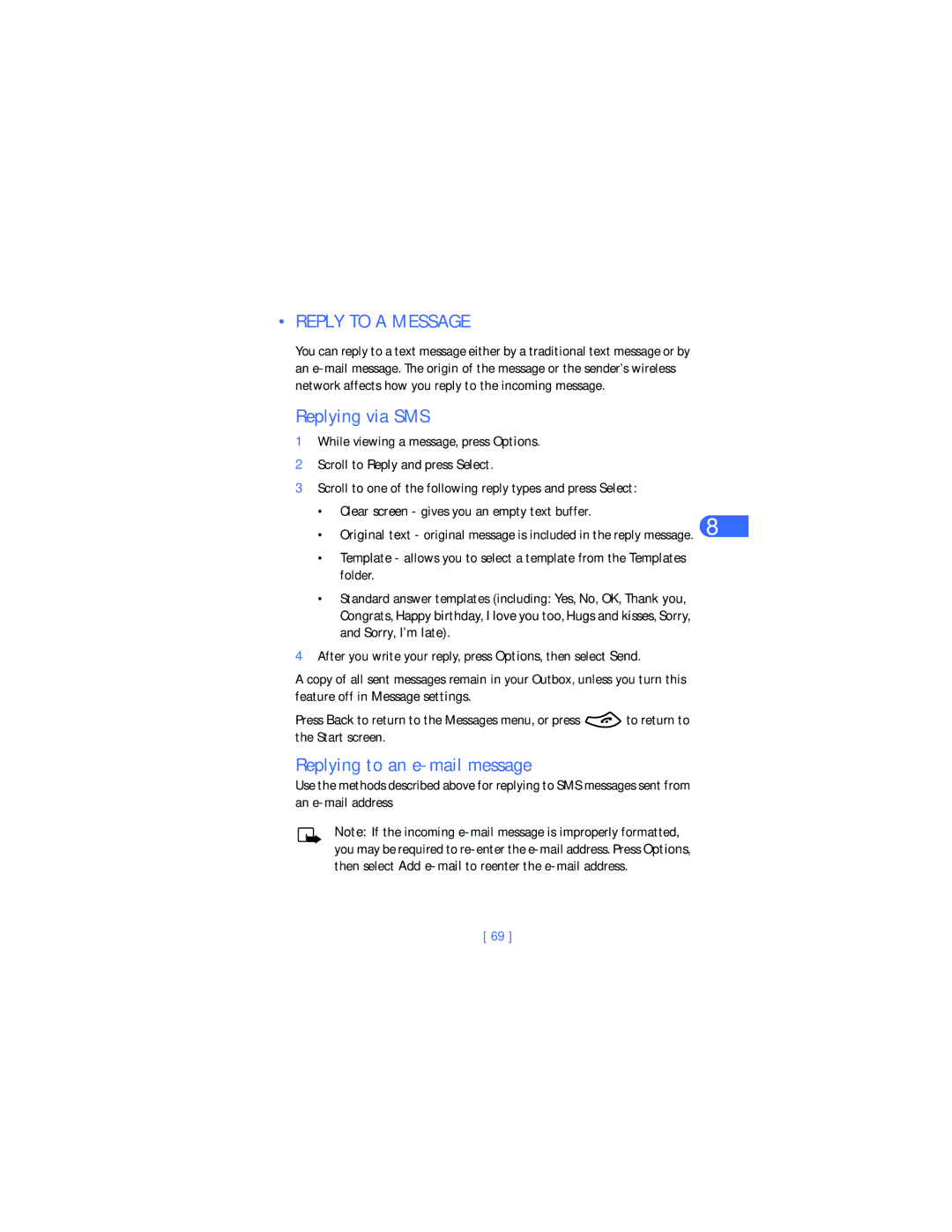 Nokia 6385 manual Reply to a Message, Replying via SMS, Replying to an e-mail message 
