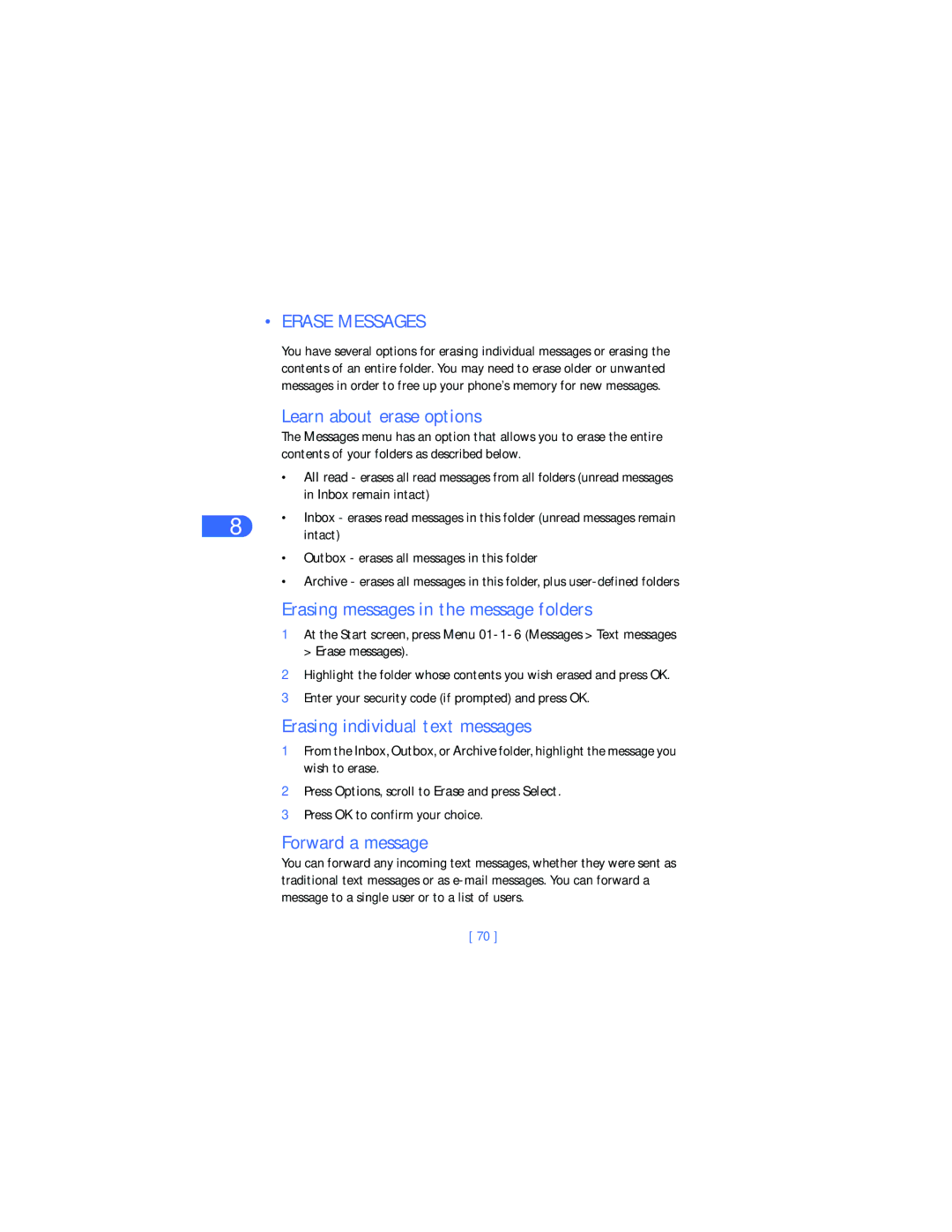Nokia 6385 manual Erase Messages, Learn about erase options, Erasing messages in the message folders, Forward a message 