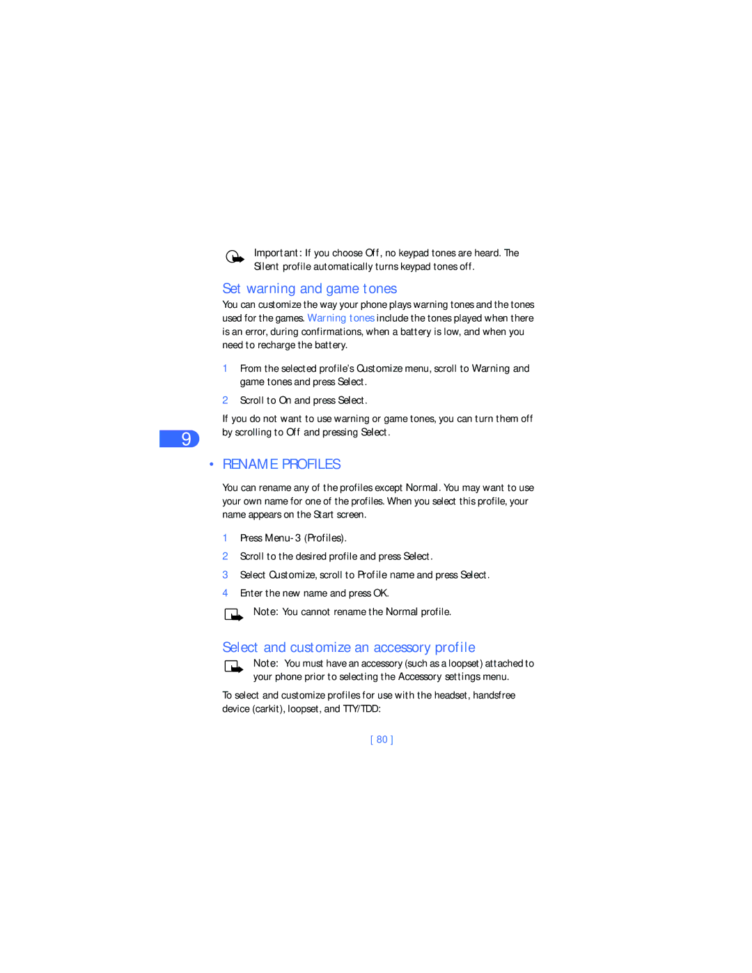 Nokia 6385 manual Set warning and game tones, Rename Profiles, Select and customize an accessory profile 