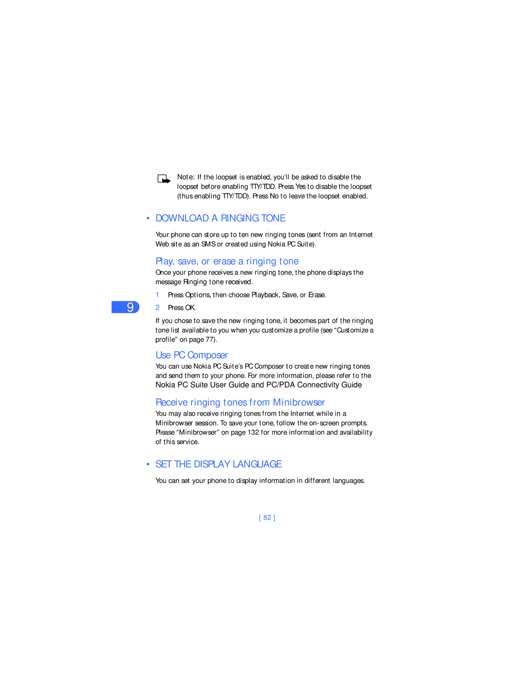 Nokia 6385 manual Download a Ringing Tone, Play, save, or erase a ringing tone, Use PC Composer, SET the Display Language 
