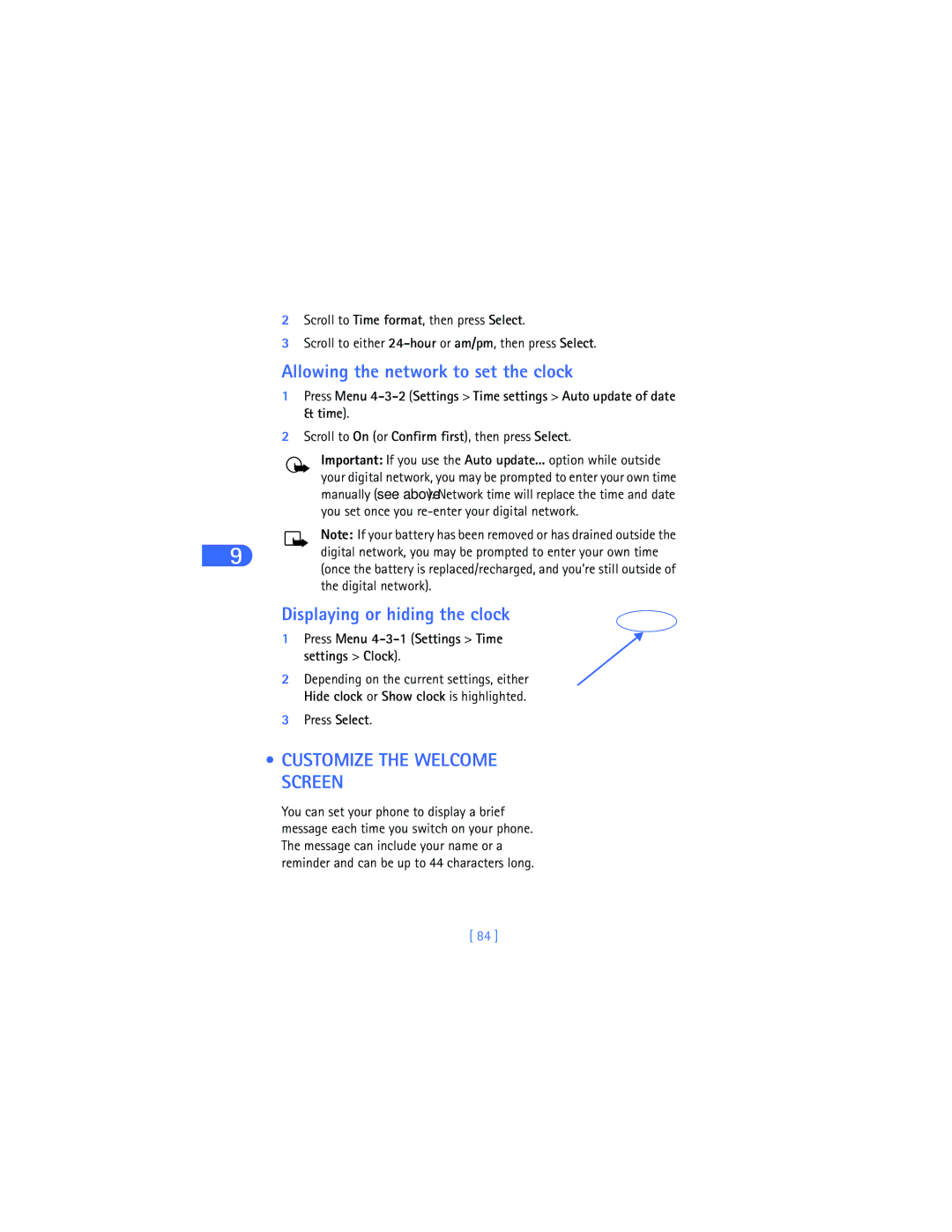 Nokia 6385 manual Allowing the network to set the clock, Displaying or hiding the clock, Customize the Welcome Screen 